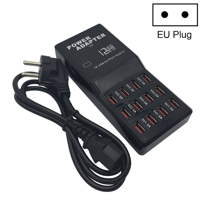 W-858 12A 12 puertos USB base de carga rápida cargador inteligente de escritorio AC100-240V, enchufe de la UE