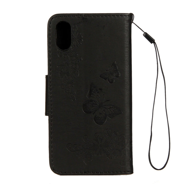 Para iPhone X / XS Funda de cuero con tapa horizontal con patrón de mariposa y flores prensadas con soporte, ranuras para tarjetas, billetera y cordón