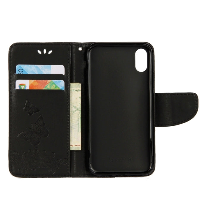 Para iPhone X / XS Funda de cuero con tapa horizontal con patrón de mariposa y flores prensadas con soporte, ranuras para tarjetas, billetera y cordón