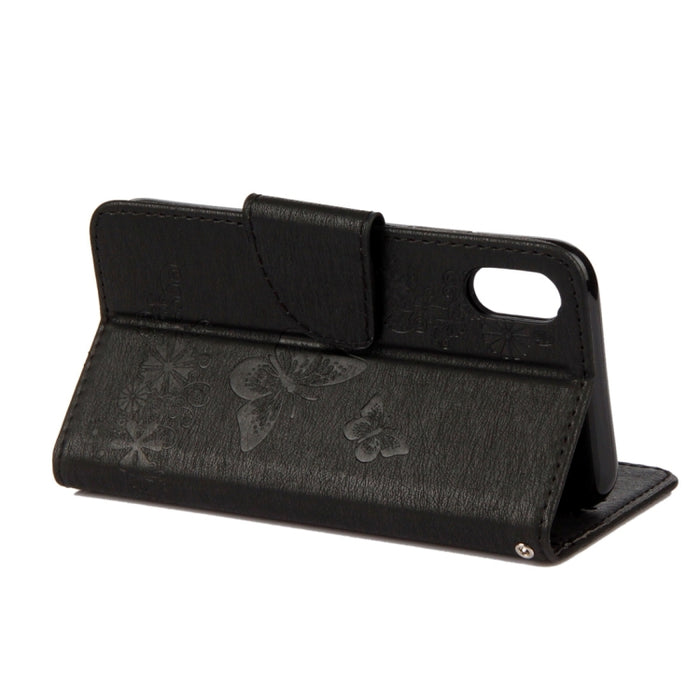 Para iPhone X / XS Funda de cuero con tapa horizontal con patrón de mariposa y flores prensadas con soporte, ranuras para tarjetas, billetera y cordón