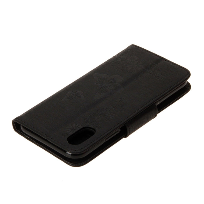 Para iPhone X / XS Funda de cuero con tapa horizontal con patrón de mariposa y flores prensadas con soporte, ranuras para tarjetas, billetera y cordón