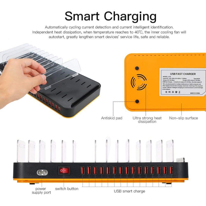 WLX-815 Cargador inteligente con base de carga rápida USB de 100 W y 15 puertos con soporte para teléfono y tableta