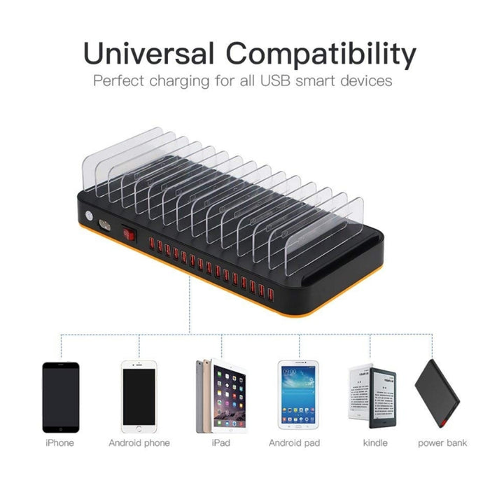 WLX-815 Cargador inteligente con base de carga rápida USB de 100 W y 15 puertos con soporte para teléfono y tableta