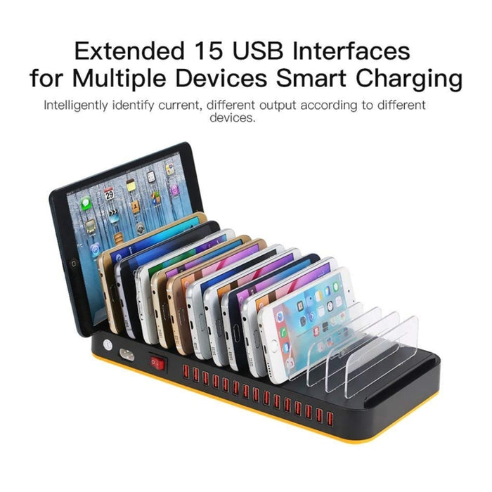 WLX-815 Cargador inteligente con base de carga rápida USB de 100 W y 15 puertos con soporte para teléfono y tableta