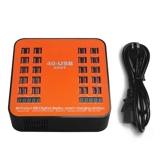 WLX-840 Estación de carga inteligente con pantalla digital USB de 200 W y 40 puertos AC100-240 V, enchufe de EE. UU. (negro + naranja)