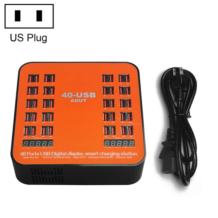 WLX-840 Estación de carga inteligente con pantalla digital USB de 200 W y 40 puertos AC100-240 V, enchufe de EE. UU. (negro + naranja)