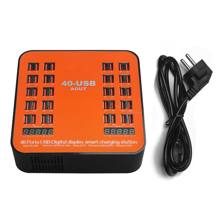 WLX-840 Estación de carga inteligente con pantalla digital USB de 200 W y 40 puertos AC100-240 V, enchufe de la UE (negro + naranja)