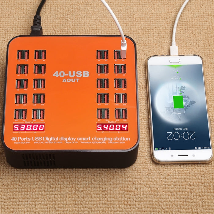 WLX-840 Estación de carga inteligente con pantalla digital USB de 200 W y 40 puertos AC100-240 V, enchufe de la UE (negro + naranja)