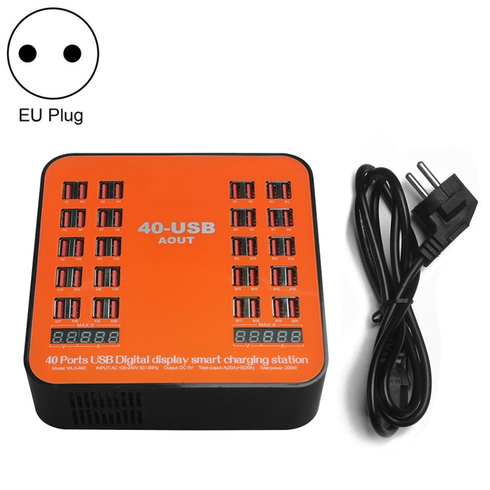 WLX-840 Estación de carga inteligente con pantalla digital USB de 200 W y 40 puertos AC100-240 V, enchufe de la UE (negro + naranja)