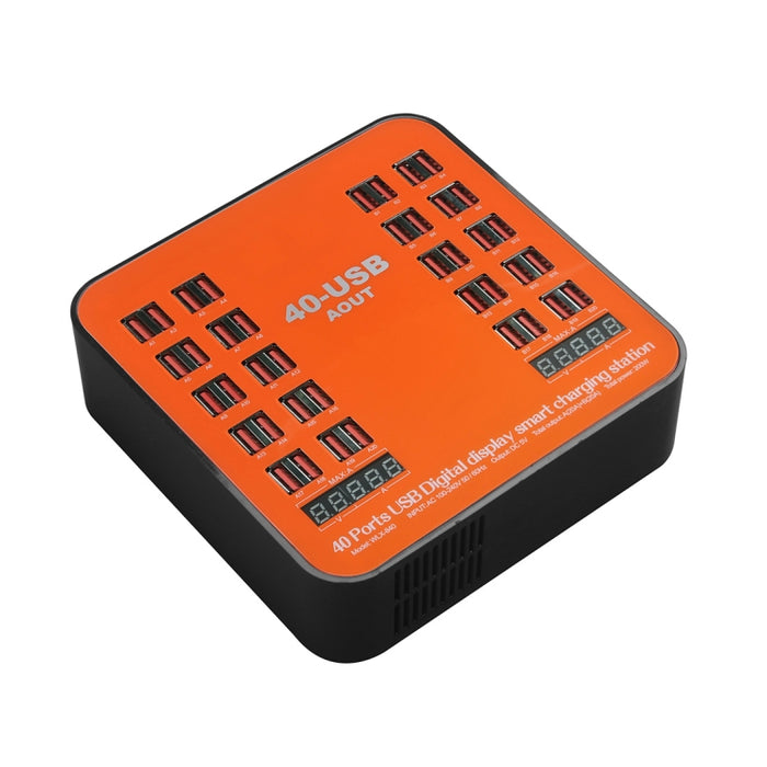 WLX-840 Estación de carga inteligente con pantalla digital USB de 200 W y 40 puertos AC100-240 V, enchufe del Reino Unido (negro + naranja)