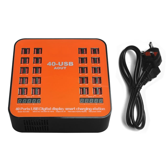 WLX-840 Estación de carga inteligente con pantalla digital USB de 200 W y 40 puertos AC100-240 V, enchufe del Reino Unido (negro + naranja)