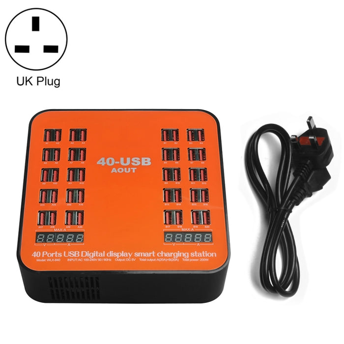 WLX-840 Estación de carga inteligente con pantalla digital USB de 200 W y 40 puertos AC100-240 V, enchufe del Reino Unido (negro + naranja)