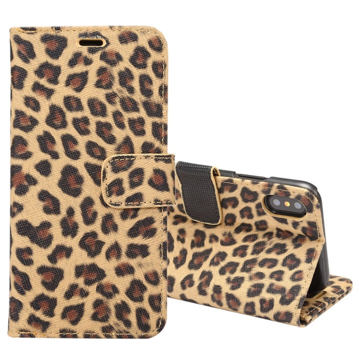 Para iPhone X Leopard Pattern PU + PC Funda protectora de cuero con tapa horizontal con soporte y ranuras para tarjetas