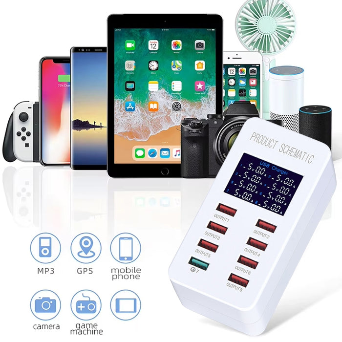 Estación de carga inteligente A8 40W 8 puertos USB + QC3.0 con pantalla digital AC100-240V, enchufe de la UE