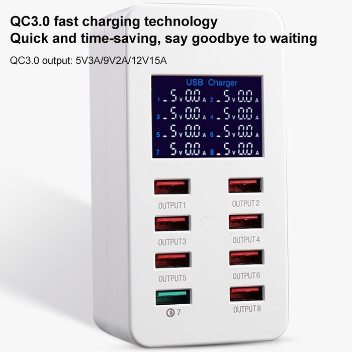 Estación de carga inteligente A8 40W 8 puertos USB + QC3.0 con pantalla digital AC100-240V, enchufe para Reino Unido