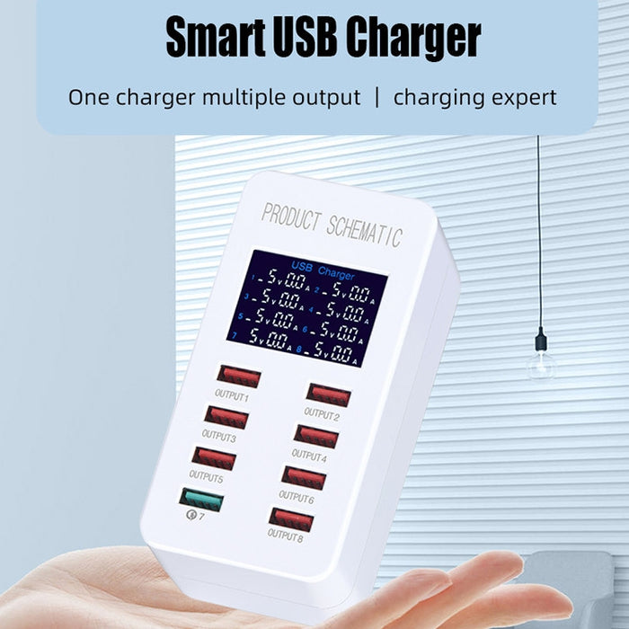 Estación de carga inteligente A8 40W 8 puertos USB + QC3.0 con pantalla digital AC100-240V, enchufe para Reino Unido