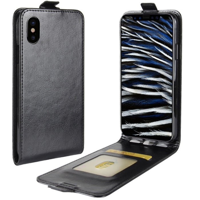 Para iPhone X / XS Funda de cuero con tapa vertical con textura Crazy Horse con ranura para tarjeta y marco de fotos