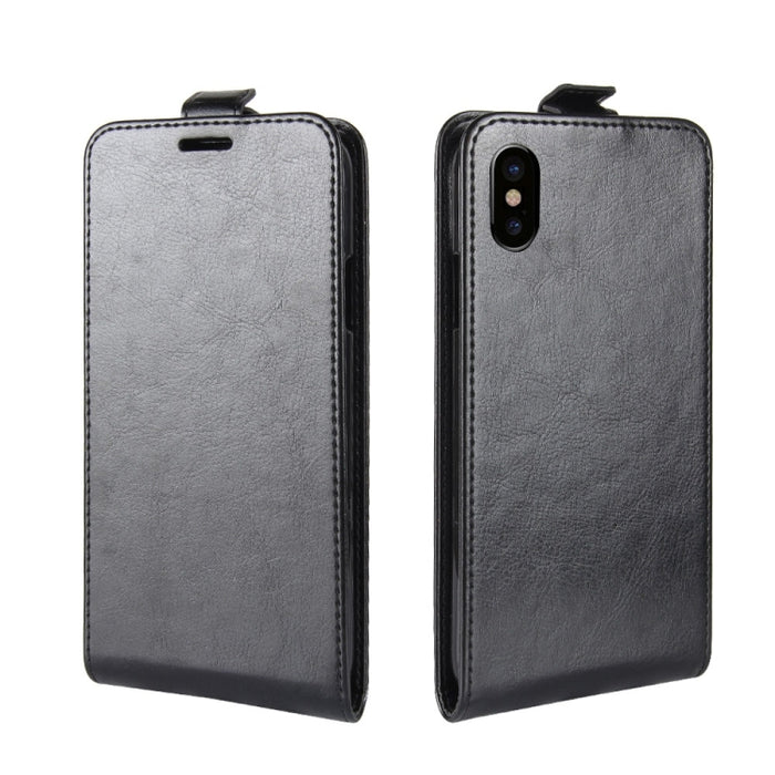 Para iPhone X / XS Funda de cuero con tapa vertical con textura Crazy Horse con ranura para tarjeta y marco de fotos