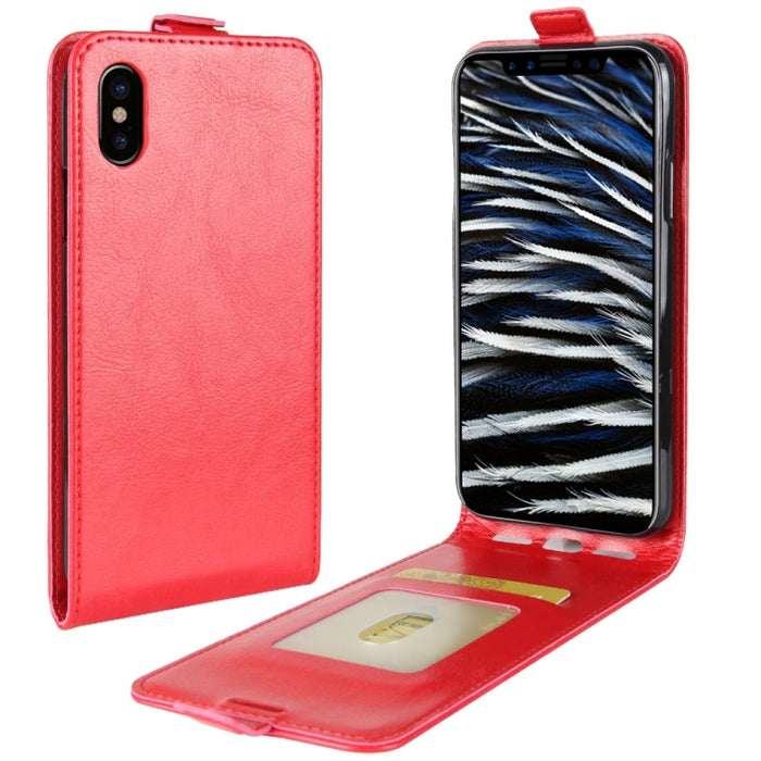 Para iPhone X / XS Funda de cuero con tapa vertical con textura Crazy Horse con ranura para tarjeta y marco de fotos