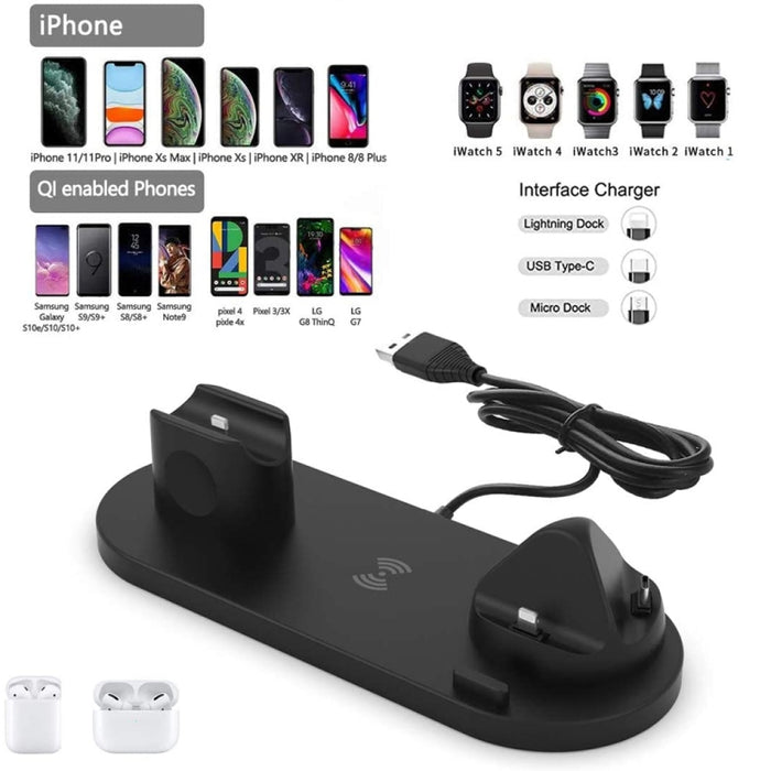 Cargador inalámbrico 6 en 1 actualizado HQ-UD15 para iPhone, Apple Watch, AirPods y otros teléfonos Android