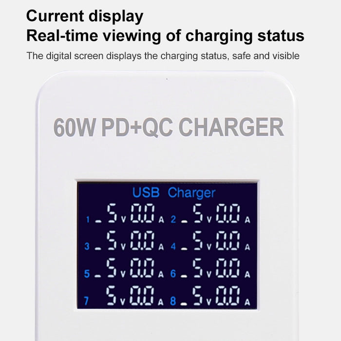 Estación de carga inteligente A8T 40W 8 puertos USB + QC3.0 + USB-C / Type-C con pantalla digital AC100-240V, enchufe de la UE