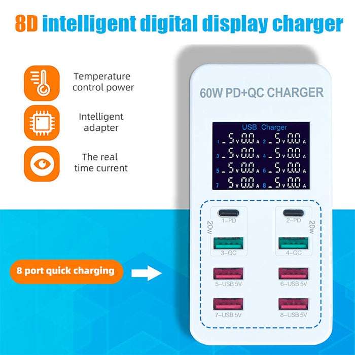 Estación de carga inteligente A8T 40W 8 puertos USB + QC3.0 + USB-C / Type-C con pantalla digital AC100-240V, enchufe para Reino Unido