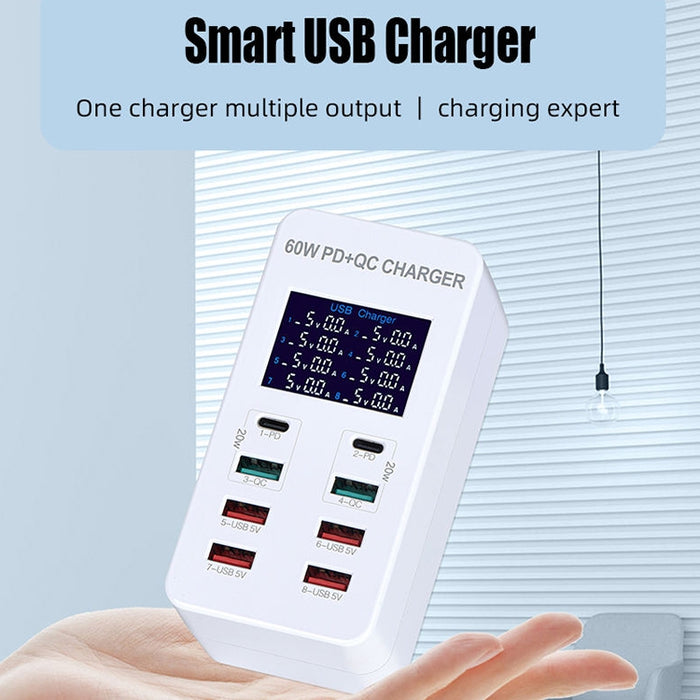 Estación de carga inteligente A8T 40W 8 puertos USB + QC3.0 + USB-C / Type-C con pantalla digital AC100-240V, enchufe para Reino Unido