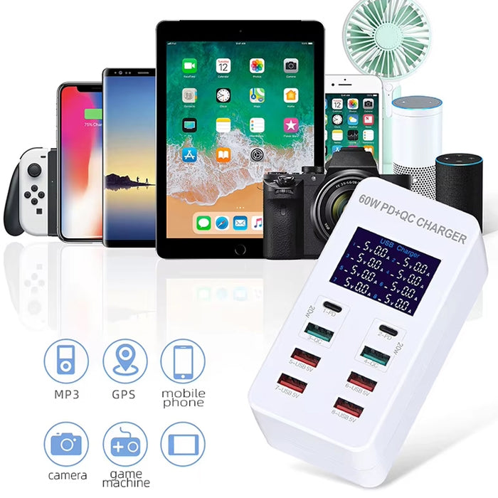 Estación de carga inteligente A8T 40W 8 puertos USB + QC3.0 + USB-C / Type-C con pantalla digital AC100-240V, enchufe para Reino Unido