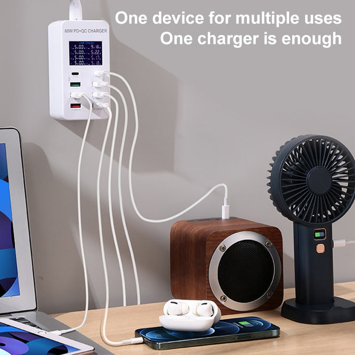 Estación de carga inteligente A8T 40W 8 puertos USB + QC3.0 + USB-C / Type-C con pantalla digital AC100-240V, enchufe para Reino Unido