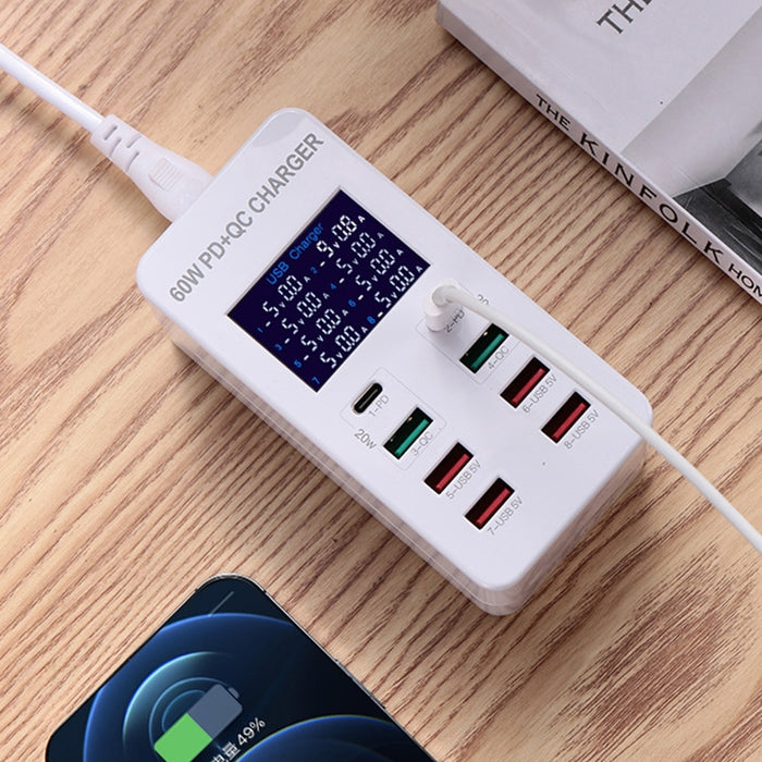 Estación de carga inteligente A8T 40W 8 puertos USB + QC3.0 + USB-C / Type-C con pantalla digital AC100-240V, enchufe para Reino Unido