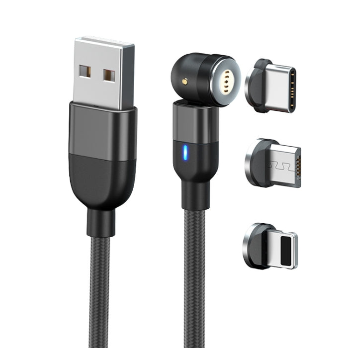 2m 3A Salida 3 en 1 USB a 8 pines + USB-C / Type-C + Micro USB Cable de carga de sincronización de datos magnético giratorio de 540 grados