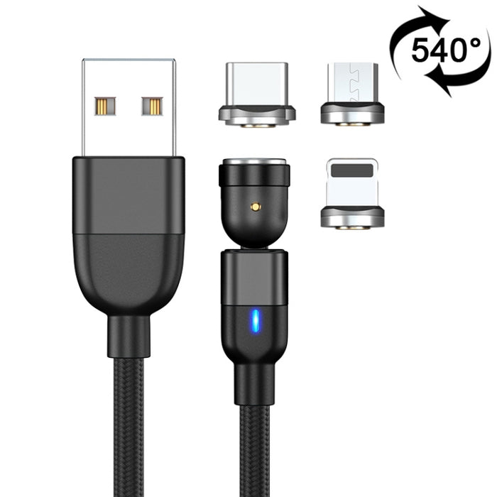 2m 3A Salida 3 en 1 USB a 8 pines + USB-C / Type-C + Micro USB Cable de carga de sincronización de datos magnético giratorio de 540 grados