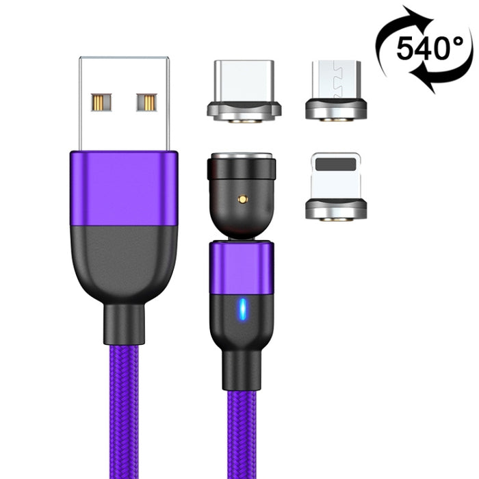2m 3A Salida 3 en 1 USB a 8 pines + USB-C / Type-C + Micro USB Cable de carga de sincronización de datos magnético giratorio de 540 grados