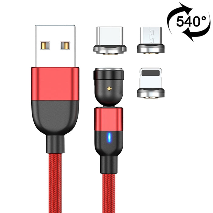 2m 3A Salida 3 en 1 USB a 8 pines + USB-C / Type-C + Micro USB Cable de carga de sincronización de datos magnético giratorio de 540 grados