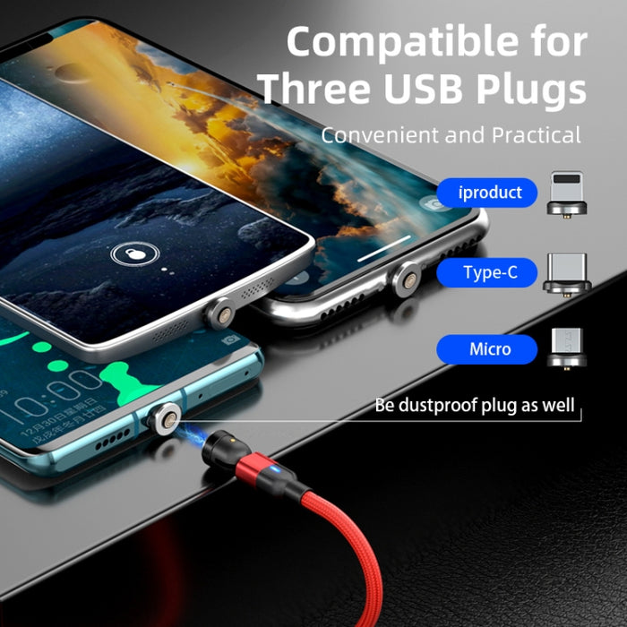 2m 3A Salida 3 en 1 USB a 8 pines + USB-C / Type-C + Micro USB Cable de carga de sincronización de datos magnético giratorio de 540 grados