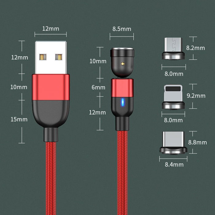 2m 3A Salida 3 en 1 USB a 8 pines + USB-C / Type-C + Micro USB Cable de carga de sincronización de datos magnético giratorio de 540 grados