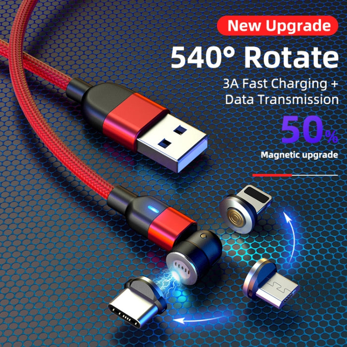 2m 3A Salida 3 en 1 USB a 8 pines + USB-C / Type-C + Micro USB Cable de carga de sincronización de datos magnético giratorio de 540 grados