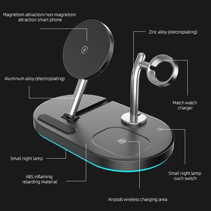 S20 4 en 1 Cargador Inalámbrico Magnético Multifuncional de 15W con Luz Nocturna y Soporte para Teléfonos Móviles/AirPods