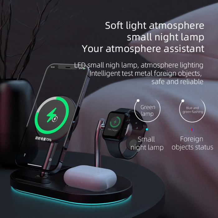 S20 4 en 1 Cargador Inalámbrico Magnético Multifuncional de 15W con Luz Nocturna y Soporte para Teléfonos Móviles/AirPods