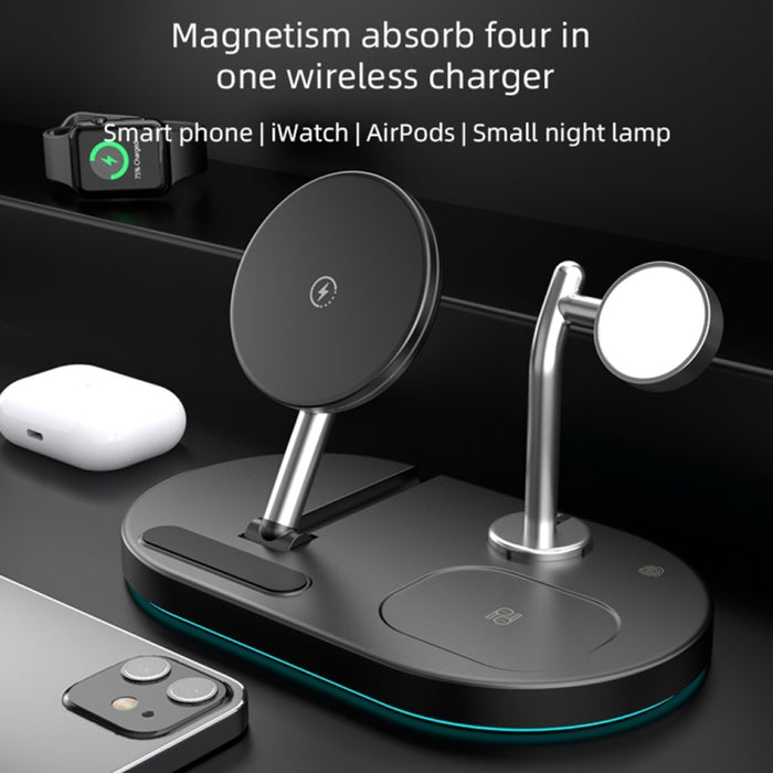 S20 4 en 1 Cargador Inalámbrico Magnético Multifuncional de 15W con Luz Nocturna y Soporte para Teléfonos Móviles/AirPods