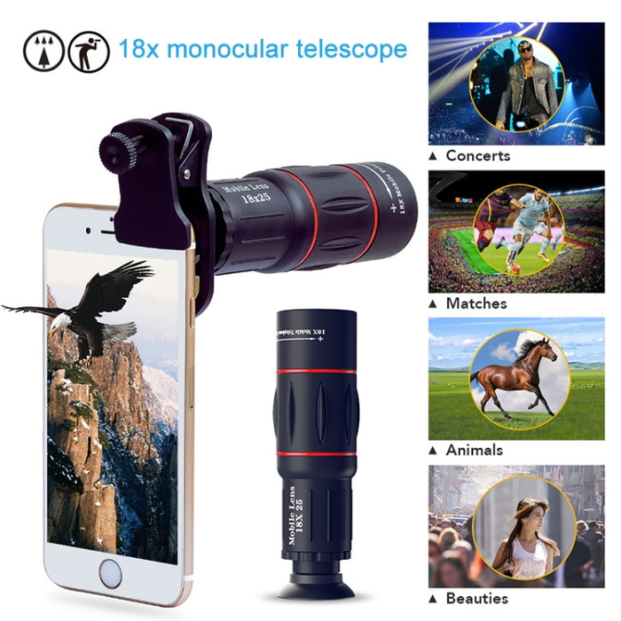 APEXEL APL-T18XBZJ5 Telescopio 4 en 1 18X + Lente gran angular 0.63X + Lente ojo de pez de 198 grados + Lente macro 15X Lente universal para cámara externa de teléfono