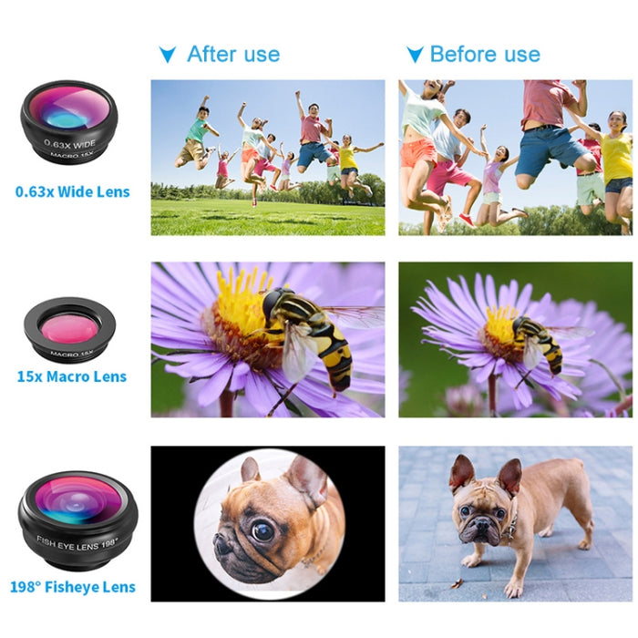 APEXEL APL-T18XBZJ5 Telescopio 4 en 1 18X + Lente gran angular 0.63X + Lente ojo de pez de 198 grados + Lente macro 15X Lente universal para cámara externa de teléfono