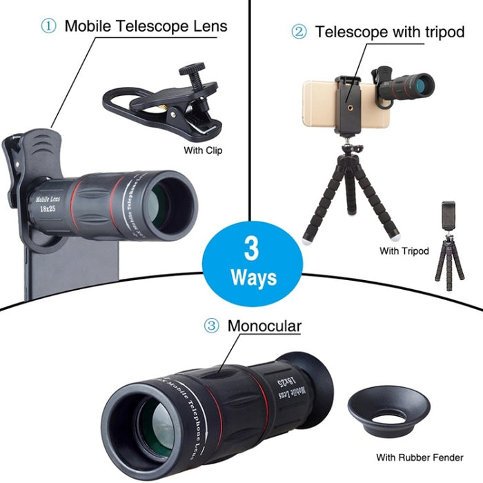 APEXEL APL-T18XBZJ5 Telescopio 4 en 1 18X + Lente gran angular 0.63X + Lente ojo de pez de 198 grados + Lente macro 15X Lente universal para cámara externa de teléfono