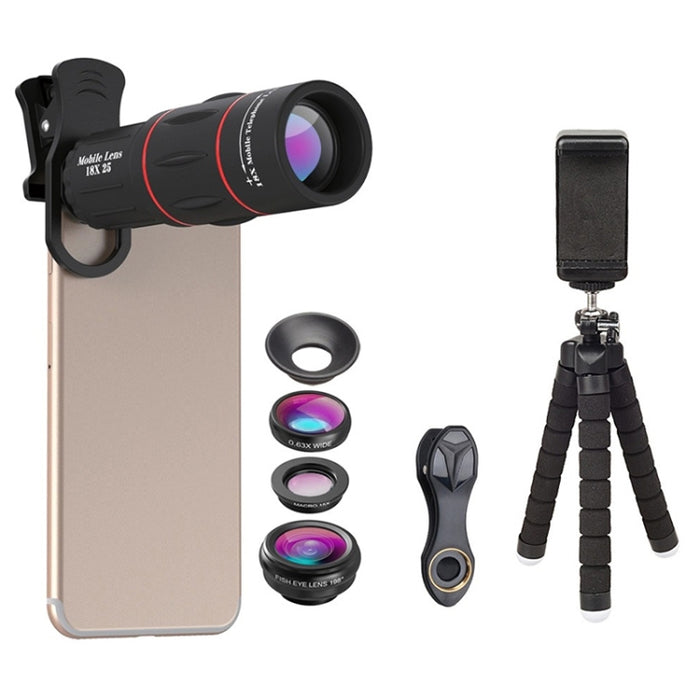 APEXEL APL-T18XBZJ5 Telescopio 4 en 1 18X + Lente gran angular 0.63X + Lente ojo de pez de 198 grados + Lente macro 15X Lente universal para cámara externa de teléfono