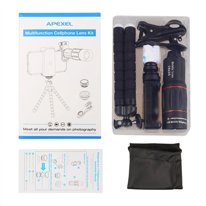 APEXEL APL-T18XBZJ5 Telescopio 4 en 1 18X + Lente gran angular 0.63X + Lente ojo de pez de 198 grados + Lente macro 15X Lente universal para cámara externa de teléfono