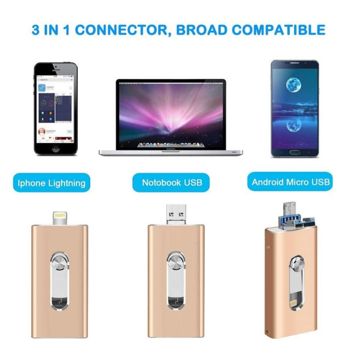 RQW-02 Unidad flash 3 en 1 USB 2.0 y 8 pines y micro USB de 128 GB, RQW-02 Black