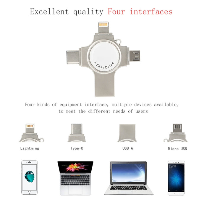 RQW-11S Unidad flash 4 en 1 USB 2.0 y 8 pines y micro USB y USB-C / Type-C de 128 GB