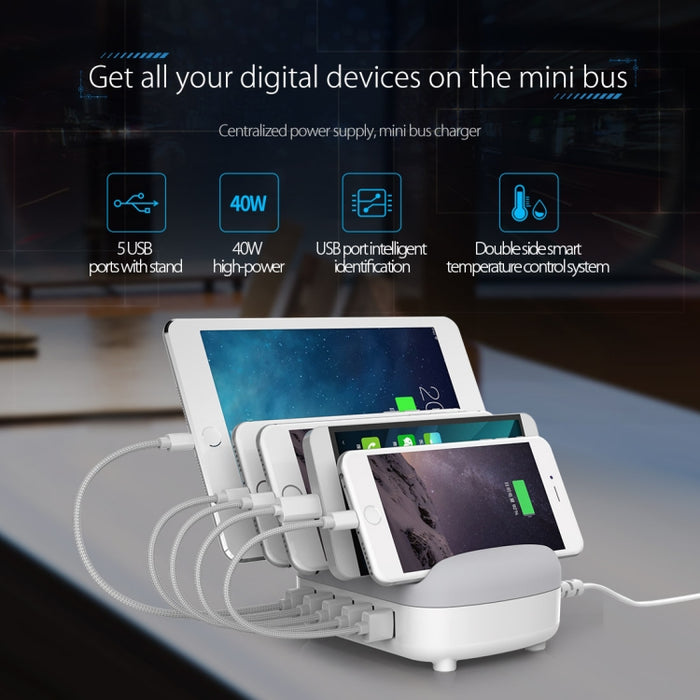 ORICO DUK-5P Estación de carga inteligente con 5 puertos USB de 40 W y soporte para teléfono y tableta