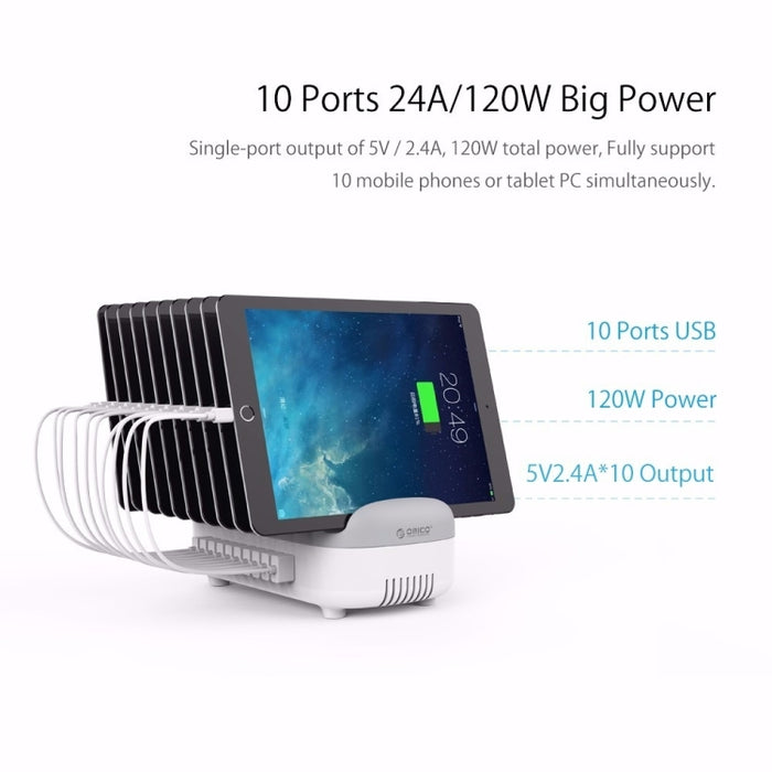 ORICO DUK-10P Estación de carga inteligente con 10 puertos USB de 120 W y soporte para teléfono y tableta