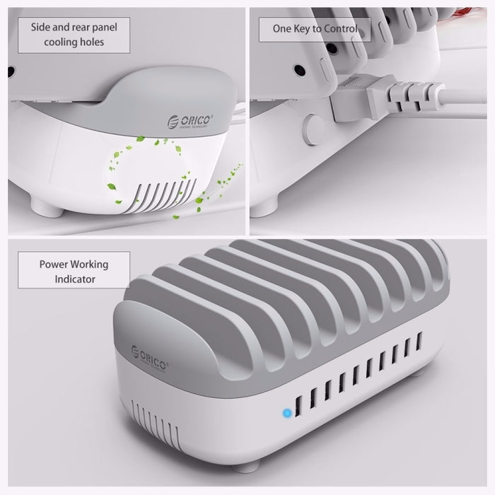 ORICO DUK-10P Estación de carga inteligente con 10 puertos USB de 120 W y soporte para teléfono y tableta